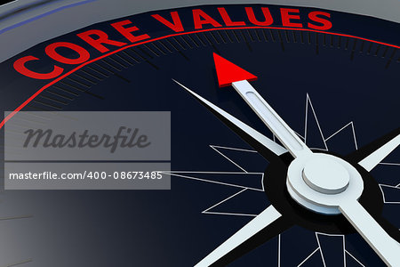 Black compass with core values word on it, 3D rendering