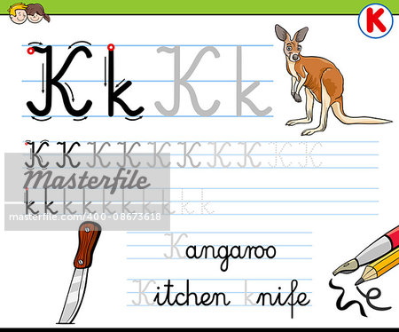 Cartoon Illustration of Writing Skills Practice with Letter K Worksheet for Children