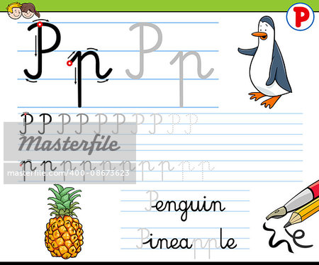 Cartoon Illustration of Writing Skills Practice with Letter P Worksheet for Children