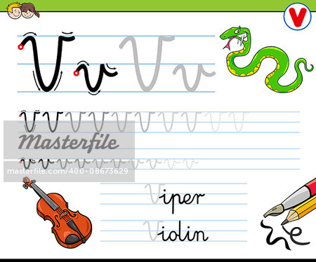 Cartoon Illustration of Writing Skills Practice with Letter V Worksheet for Children