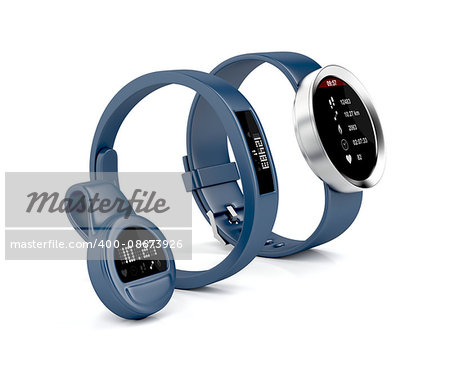 Smartwatch, wristband and clip-on activity trackers on white background