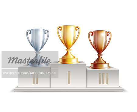 Podium winners with trophy cups isolated on white background. Vector illustration