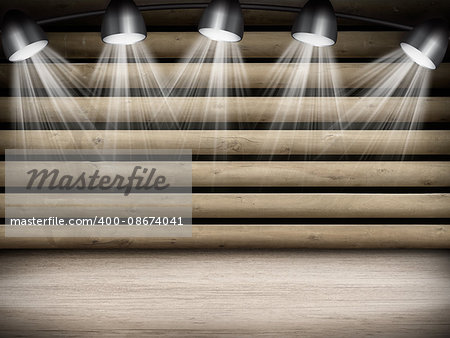 Illuminated empty brown concert stage with rays of light. 3D illustration