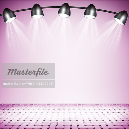 Illuminated empty pink concert stage with soffits. 3D illustration