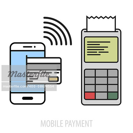 minimalistic illustration of a cellphone next to a pos terminal, mobile payment concept, eps10 vector