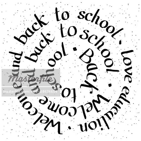Welcome and Back to school lettering card. Vector illustration. Education concept with hand drawn words on circle.