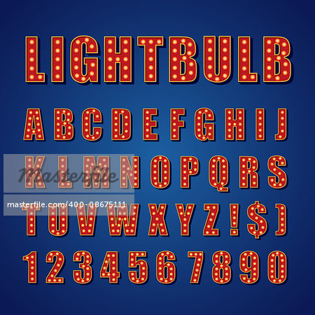 Retro Lightbulb Alphabet Vector Font Type letters on dark background