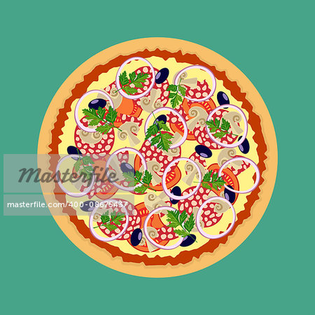 Pizza. Tomatoes mushrooms onions and olives. Series food