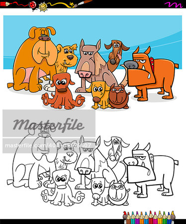 Black and White Cartoon Illustration of Dog Characters Group Coloring Book