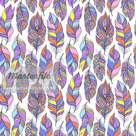 Vector illustration of seamless pattern with colorful abstract feathers