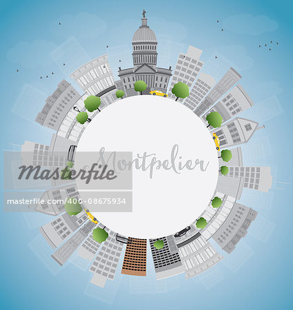Montpelier (Vermont) city skyline with grey buildings and copy space. Business travel and tourism concept with place for text. Image for presentation, banner, placard and web site. Vector illustration