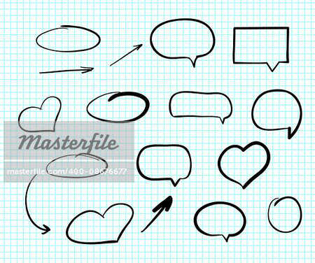 Hand-drawn doodle scribble web design elements. Speech boxes, hearts and clouds