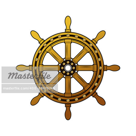 Vintage ship helm logo. Old-fashioned rough obsolete ornate big circle schooner shipswheel. Vector color freehand drawn grunge background emblem antiquity style of pen on paper with space for text