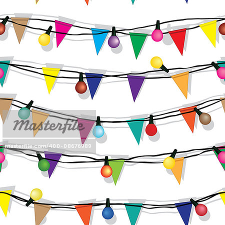 Seamless string of Christmas lights on garland vector background isolated on white