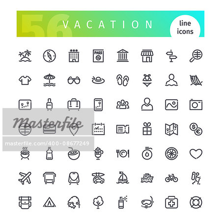 Set of 56 vacation line icons suitable for gui, web, infographics and apps. Isolated on white background. Clipping paths included.