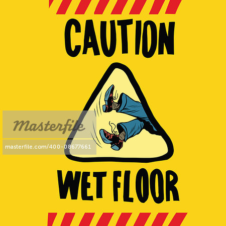 caution wet floor feet men, pop art retro vector illustration