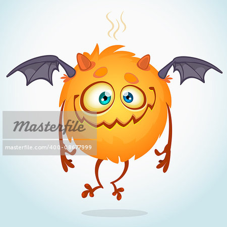 Happy cartoon monster. Halloween vector monster flying with two wings isolated