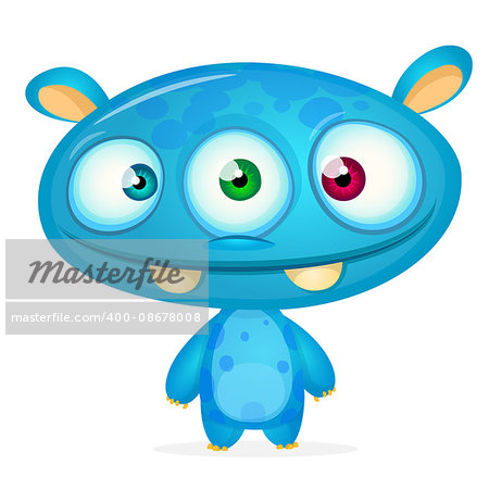 Cute cartoon monster alien. Halloween vector blue alien with three eyes isolated