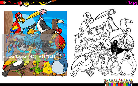 Black and White Cartoon Illustration of Bird Characters Coloring Book Activity