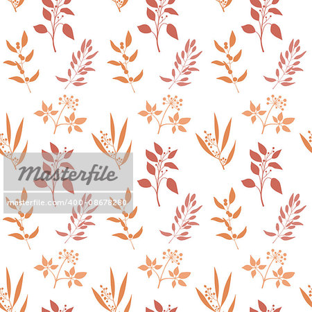 Seamless plant background. Endless pattern with orange twigs and leaves silhouette. Vector illustration on white background