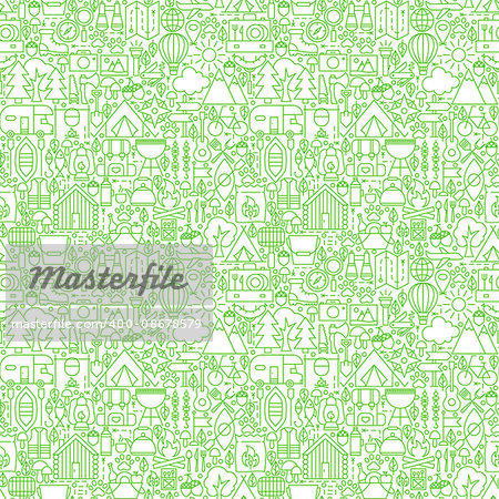 Line Camping White Seamless Pattern. Vector Illustration of Outline Tile Background. Summer Camp.