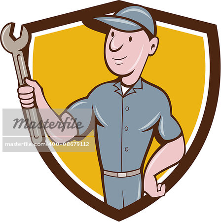Illustration of a repairman handyman worker wearing hat holding spanner wrench looking to the side set inside shield crest done in cartoon style.