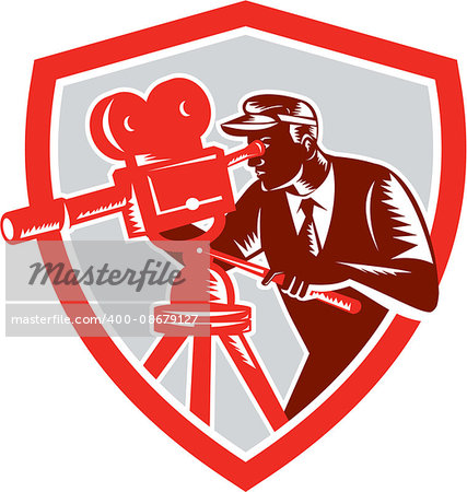 Illustration of a cameraman movie director with filming vintage camera shooting looking into lens viewed from the side set inside shield crest done in retro woodcut style.