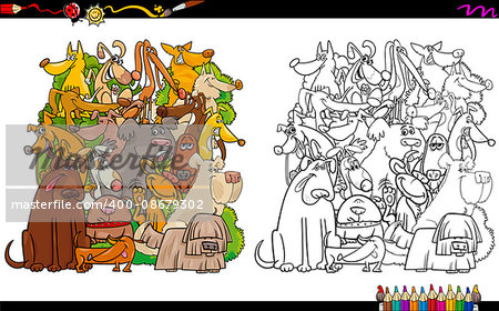 Cartoon Illustration of Dog Characters Coloring Book Activity