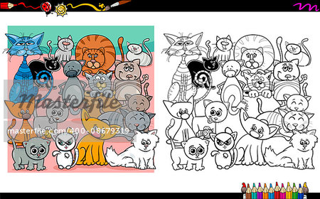 Cartoon Illustration of Funny Cat Characters Coloring Book Activity