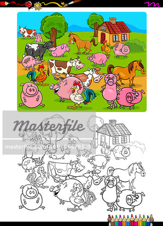 Cartoon Illustration of Farm Animal Characters Coloring Book