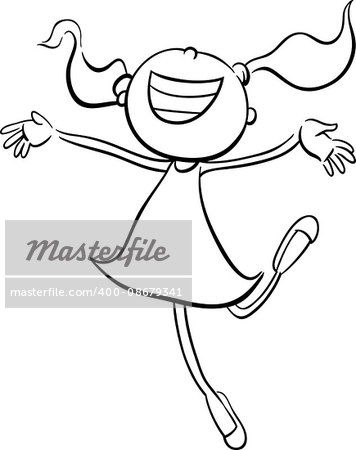 Black and White Cartoon Illustration of Happy Preschool or School Age Girl Coloring Book