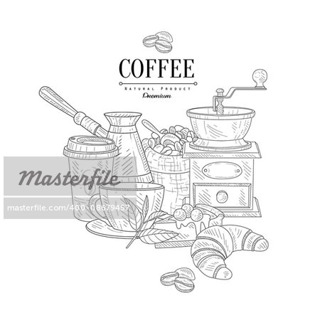 Coffee Breakfast Still Life Hand Drawn Realistic Detailed Sketch In Classy Simple Pencil Style On White Background