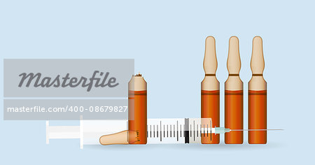 Syringe with Transparent ampoule with substance on blue background. Vector Illustration. EPS10