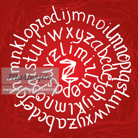 Abstract round lettering on red gradient background with texture. Vector alphabet. Hand drawn letters. Letters of the alphabet written with a marker on circle.