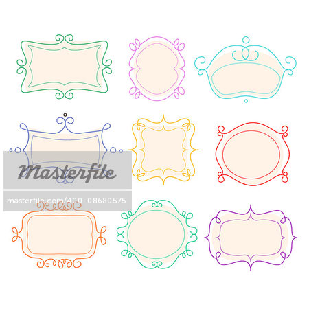 Set of outline frames, emblems and badges. Abstract mono line graphic design templates vector illustrations.