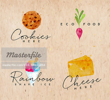 Set of watercolor labels lettering cookies here, eco food, rainbow shave ice, cheese here drawing on kraft background