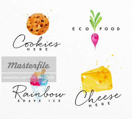 Set of watercolor labels lettering cookies here, eco food, rainbow shave ice, cheese here drawing on watercolor background