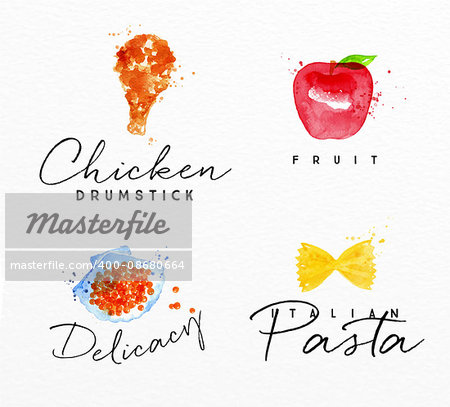 Set of watercolor labels lettering chicken drumstick, fruit, delicacy, italian pasta drawing on watercolor background