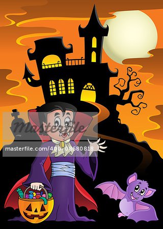 Halloween vampire near haunted house - eps10 vector illustration.