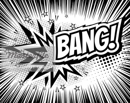 Bang comic cartoon wording. Pop-art style. Vector illustration with blot, halftone background and rays. Explosion template