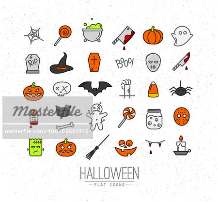 Set of halloween color icons drawing in flat style on white background.