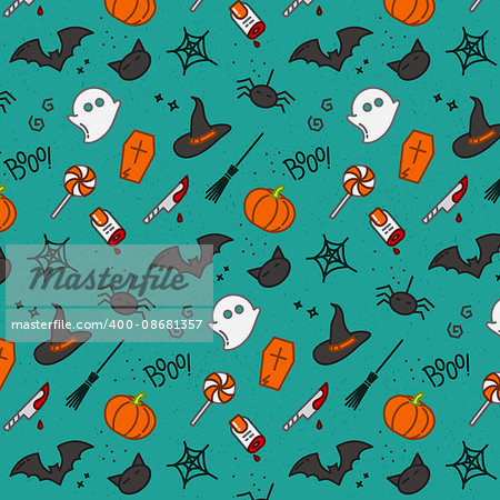 Halloween color pattern drawing in flat style on turquoise background