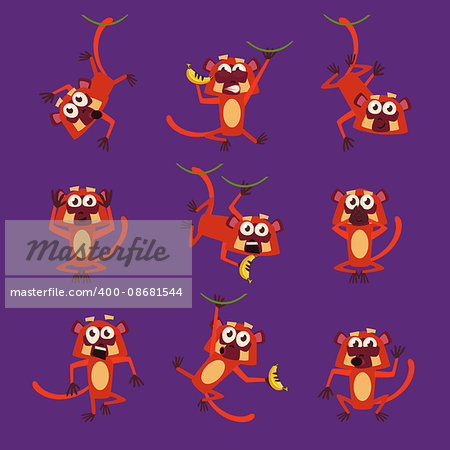 Monkeys in Different Poses, Vector Illustrations in Flat design