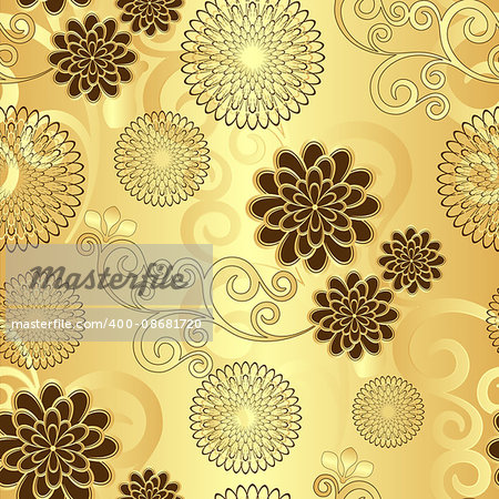 Seamless golden floral pattern with vintage flowers, vector