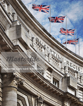 Top of the Admiralty Arch building with British Flags, London, England Top of the Admiralty Arch building with British Flags, London, England