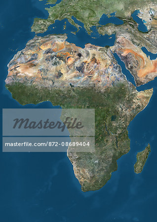 Satellite view of Africa. This image was compiled from data acquired by Landsat 7 & 8 satellites.