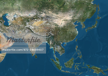 Satellite view of Asia. This image was compiled from data acquired by Landsat 7 & 8 satellites.