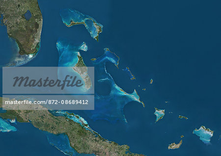 Satellite view of The Bahamas. It consists of more than 700 islands, cays and islets in the Atlantic Ocean, north of Cuba and southeast of the US state of Florida. The capital is Nassau on the island of New Providence. This image was compiled from data acquired by Landsat satellites.