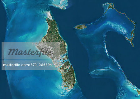 Satellite view of Andros, New Providence and Eleuthera Islands, Bahamas. New Providence is the most populous island in the Bahamas and it houses the capital city of Nassau. This image was compiled from data acquired by Landsat satellites.