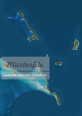 Satellite view of Cat Island, Great Exuma and Long Island, Bahamas. San Salvador Island and Rum Cay are also to be seen on the image. This image was compiled from data acquired by Landsat satellites.